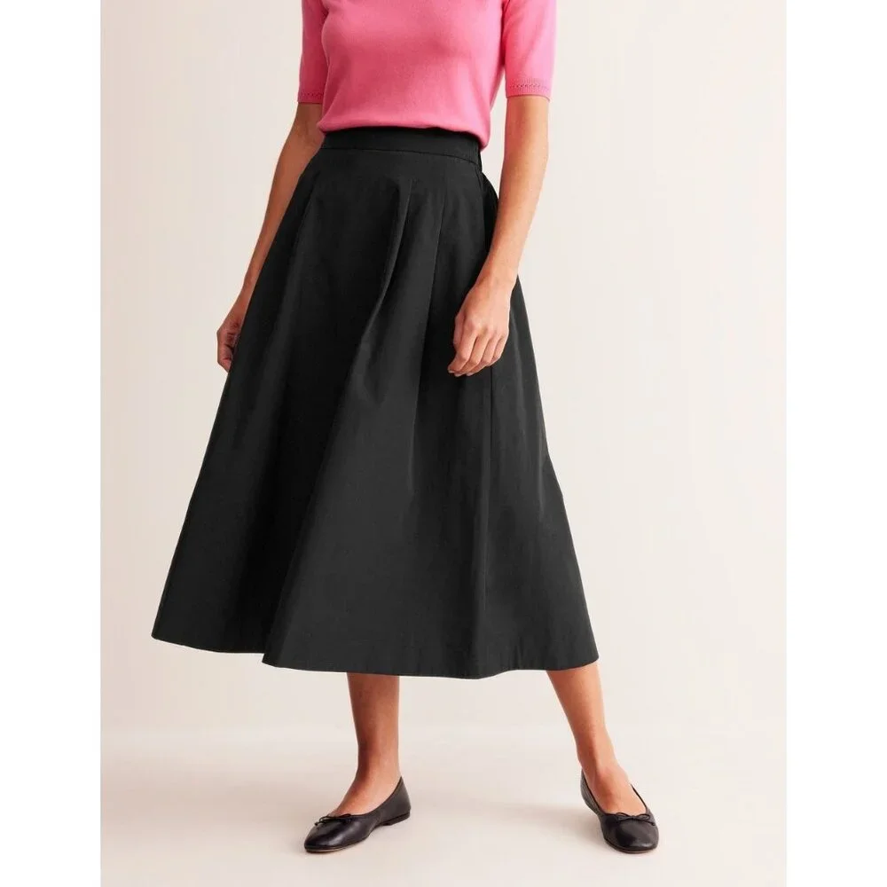 Boden Isabella Taffeta Midi Black Full Pull On Skirt Size 8 M R A-line Womens